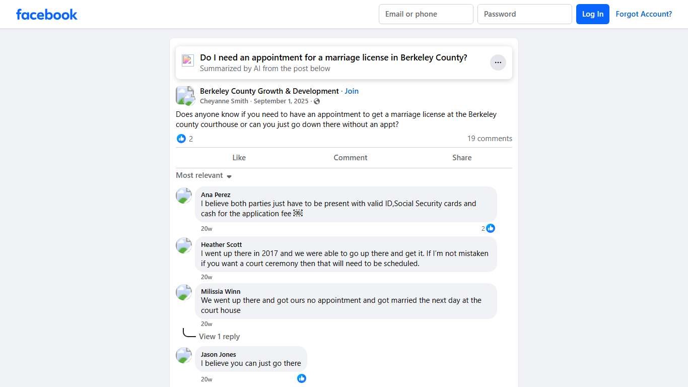 Berkeley County Growth & Development Does anyone know if you need to have an appointment to get a marriage license at the Berkeley county courthouse or can you just go down there without ... Facebook