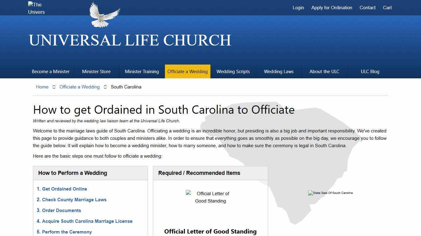 How to get Ordained in South Carolina to Officiate - Universal Life Church